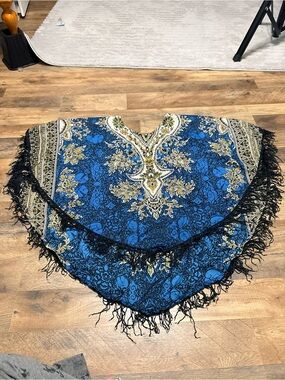 Mimi Boho Fringe Poncho Top 2X | Blue Paisley Kimono Cover Up Tassel Trim